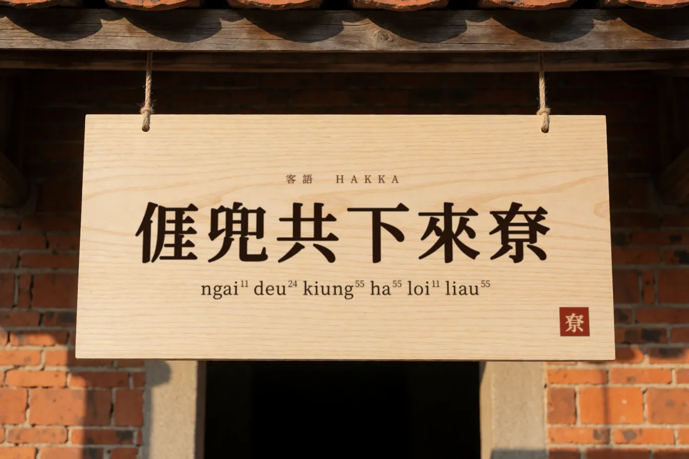 以昌明體排版客語「𠊎兜共下來尞」與四縣腔拼音的木招牌