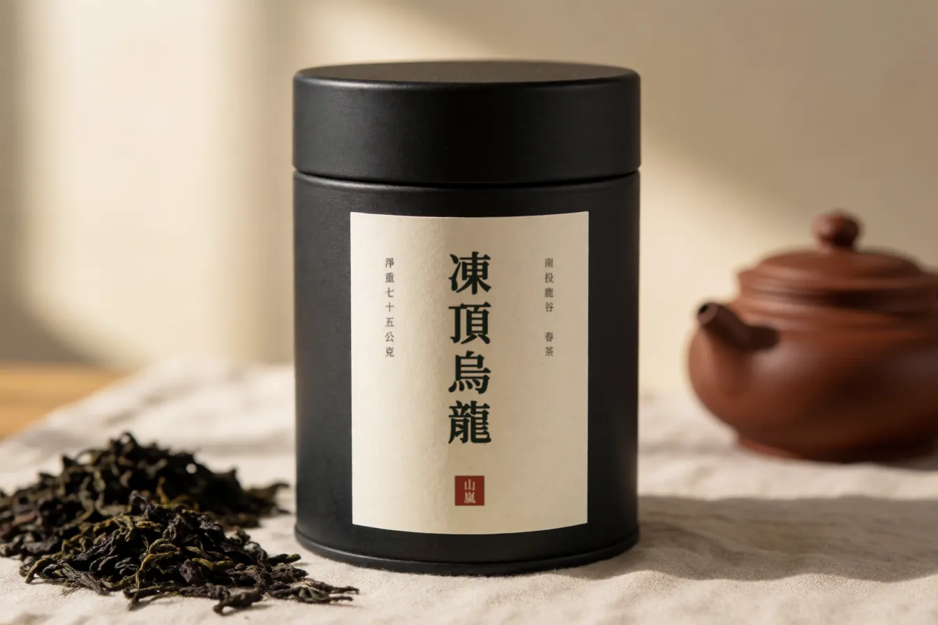 以昌明體排版「凍頂烏龍」直排標籤的茶葉罐
