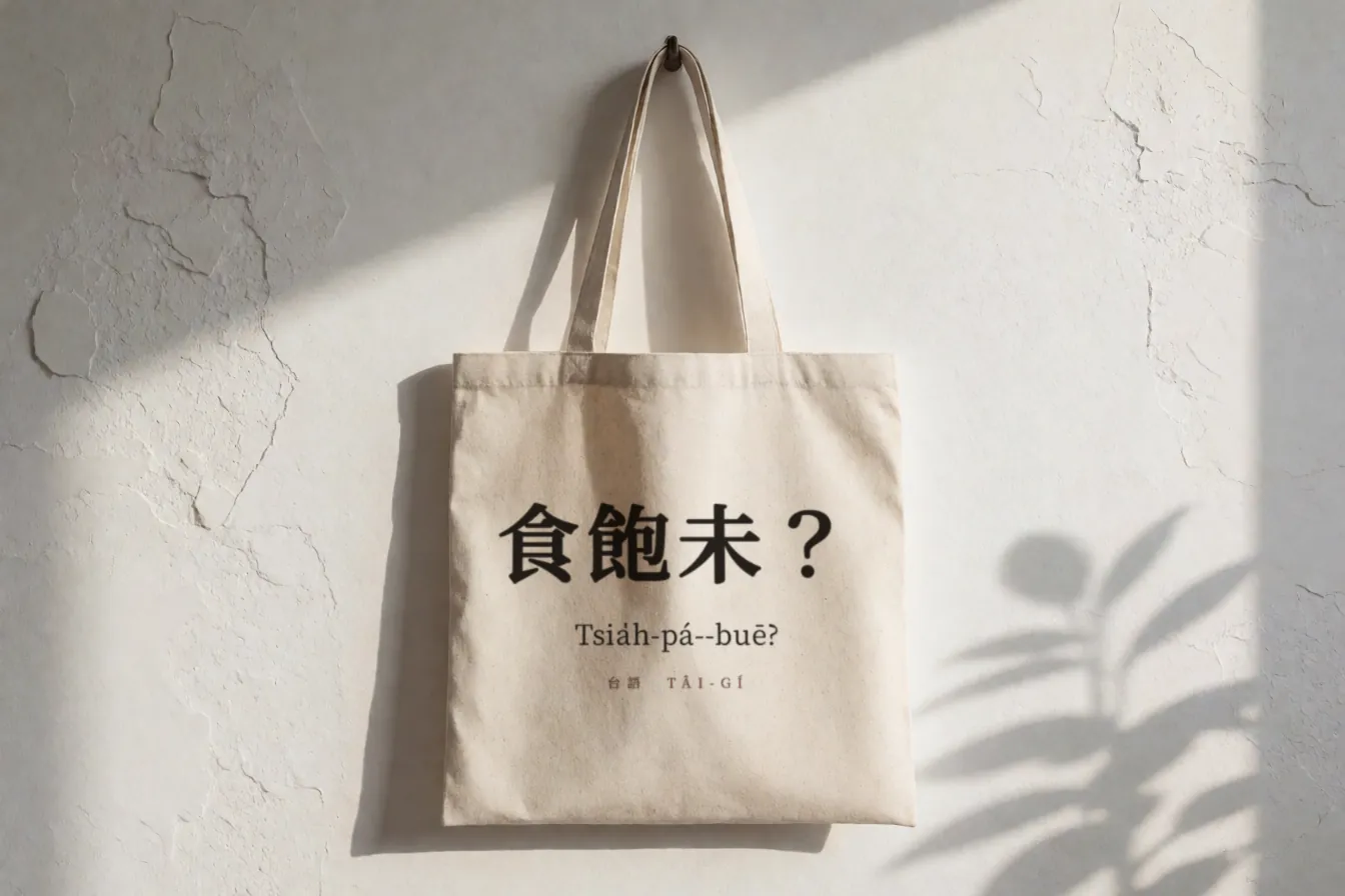 以昌明體印上台語「食飽未？」與台羅拼音的帆布袋